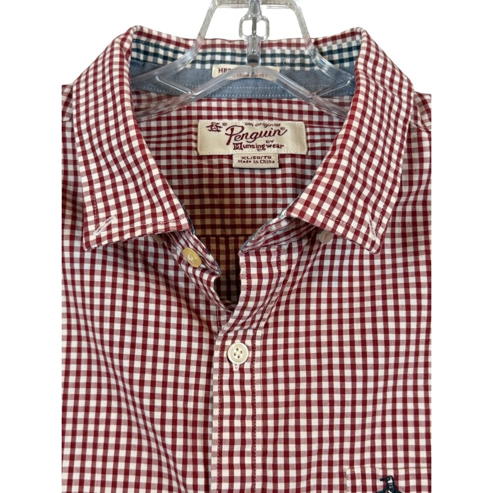 Original Penguin Mens XL Heritage Slim Fit Red Gingham Button Down Shirt Logo